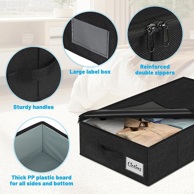 Under Bed Storage Container Bin 4 Pack, 4.5 Inch Slim Low Profile Underbed Clothes Storage Organizer for Dorm & Home, Use for Blanket and Toy Storage Box W/ Sturdy Bottom/Sides, Foldable Thick Fabric