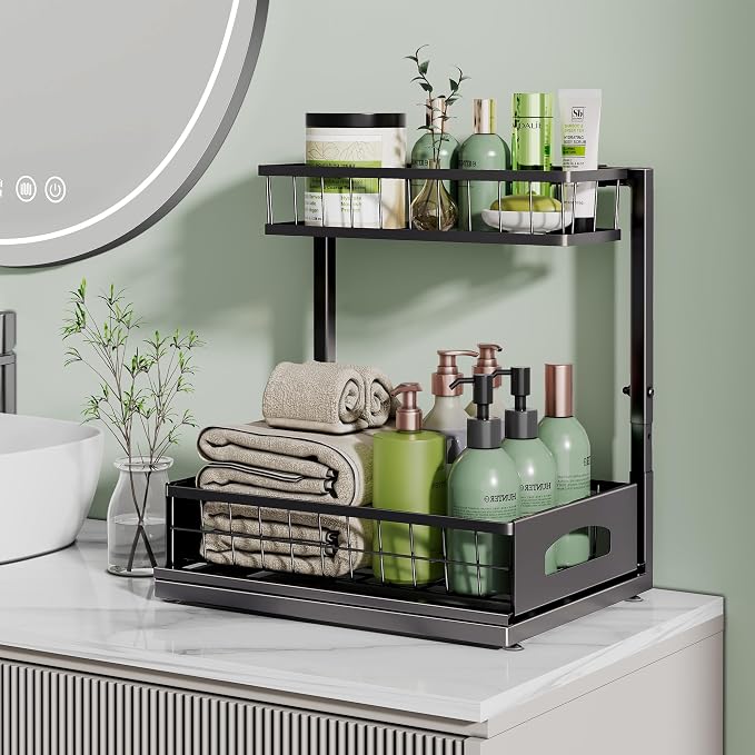 Under Sink Organizer, Cabinet Organizer for Kitchen, Height Adjustable Pull Out Heavy Duty 2 Tier Metal Under Sink Storage for Bathroom Pantry (Black, 1 Pack)