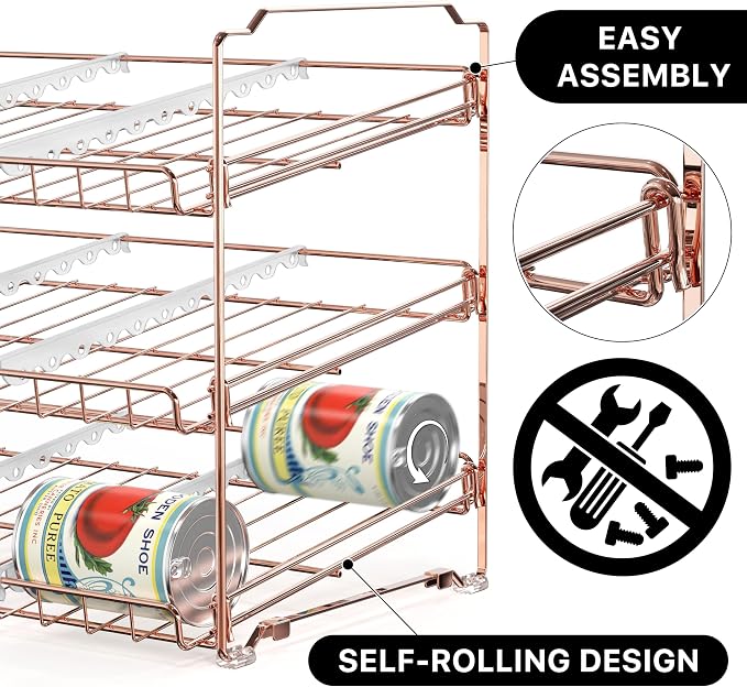 Simple Houseware 3-Tier Stackable Can Organizer Rack 36 Cans, Rose Gold | Can Food Storage Dispenser for Pantry/Cabinet, Adjustable Dividers – 11.5" D x 17" W x 13.75" H