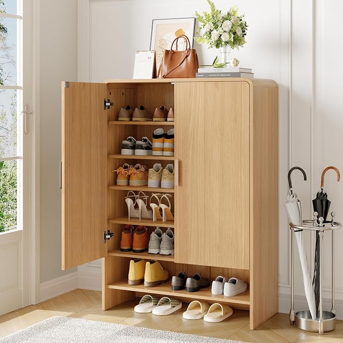 6-Tier Shoe Storage Cabinet, 45'' Large Farmhouse Shoe Cabinet for Entryway, Modern Wooden Shoe Rack Organizer with Doors and Shelves, for Front Door Hallway (Oak)
