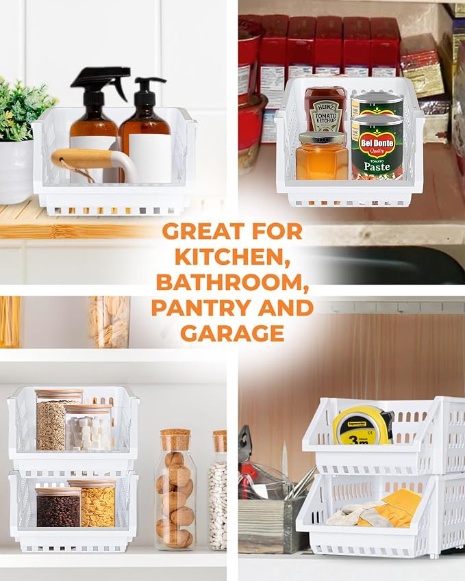 Small Stackable Storage Bins Open Front for Pantry Storage, 8 Pack - White | Sturdy Plastic, Easy Stacking, Open Front Access, Ventilated Sides, Vertical & Space Saving Pantry Organizers and Storage Bin