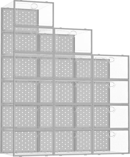 15 Pack X-Large Shoe Storage Boxes, Shoe Organizer Clear Stackable | Fit US Size 11, 6.2” Height, Shoe Dispaly Case Holder Bins Sneaker Storage for Sneakerheads, For Home and Family, Grey