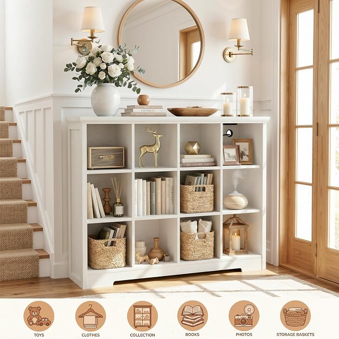 Aheaplus Wooden 12-Cube Storage Organizer with Charging Ports, Modern Cube Bookcase with Base, 4-Tier Floor Standing Open Cubbies Bookshelf, Cubicle Display Shelf for Home and Office, White