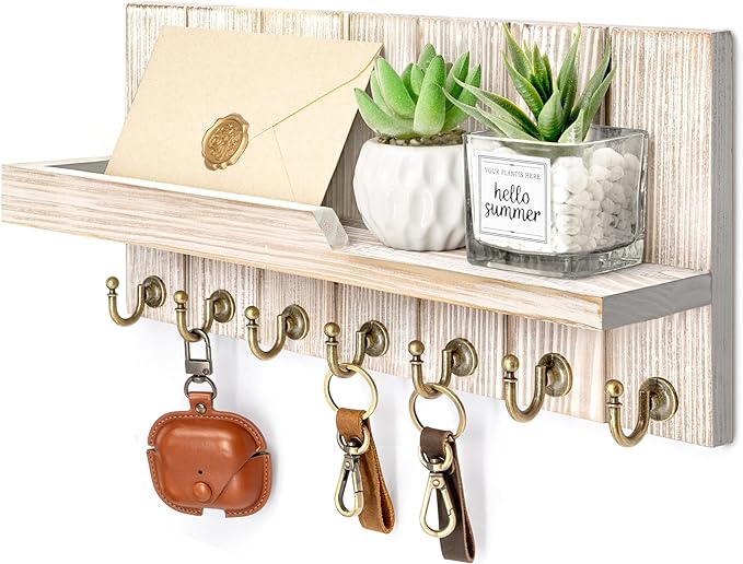 Rebee Vision Key Holder Wall Mount with 7 Hooks for Entryway, Natural Wood | Key Holder for Wall, Mail Organizer, Floating Shelf, Display Plant, Rustic Apartment Essential, Decorative Room Accent
