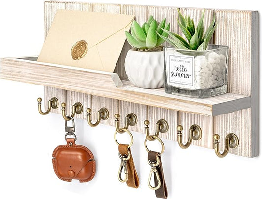 Rebee Vision Key Holder Wall Mount with 7 Hooks for Entryway, Natural Wood | Key Holder for Wall, Mail Organizer, Floating Shelf, Display Plant, Rustic Apartment Essential, Decorative Room Accent