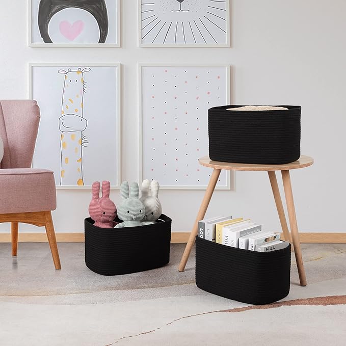 XUANGUO Woven Cotton Rope Storage Baskets 15x10x9.3" 3 Pack Black | Decorative rectangular storage baskets for shelves and closets; storage bins organize clothes, toys, books and nursery items.