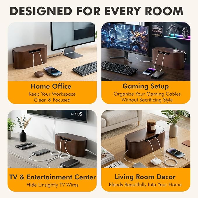 Wooden Cable Management Box with Lid, Decorative Cord Organizer for Power Strip & Charger Cables, Ventilation Holes & Side Slots, Solid Pine Wire Hider for Desk, Home Office, Dorm & Minimalist Setup