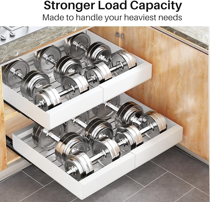 Pull out Cabinet Organizer, 2-pack, Expandable(12"-20") Heavy Duty Slide out Drawers Fixed with Adhesive Nano Film for Pots, Roll out Shelf Storage for Kitchen Base Cabinet Organization(3 Rails)