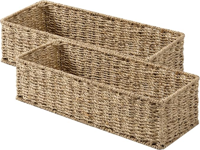 StorageWorks Toilet Paper Basket, Bathroom Basket Organizer for Storage | Long Narrow Wicker Seagrass Storage Baskets for Tank Topper, Decorative Toilet Tank Basket for Bathroom, Pantry, 2-Pack