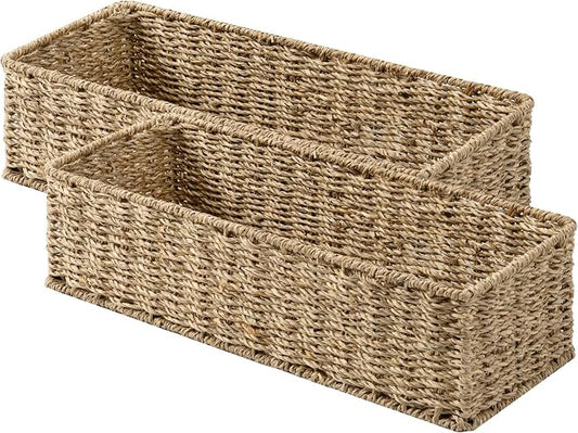 StorageWorks Toilet Paper Basket, Bathroom Basket Organizer for Storage | Long Narrow Wicker Seagrass Storage Baskets for Tank Topper, Decorative Toilet Tank Basket for Bathroom, Pantry, 2-Pack