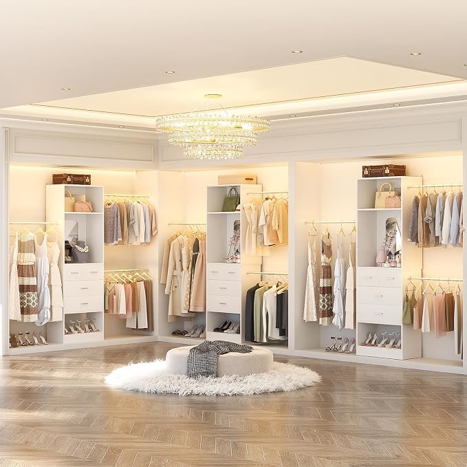Unikito 8FT Closet System with Mirror and 3 Extendable Hanging Rods, White | 48" - 96" Walk in Closet Organizer with 4 Drawers and 25” Tower, Sturdy Wood Closet Insert, Adjustable Width, Heavy Duty