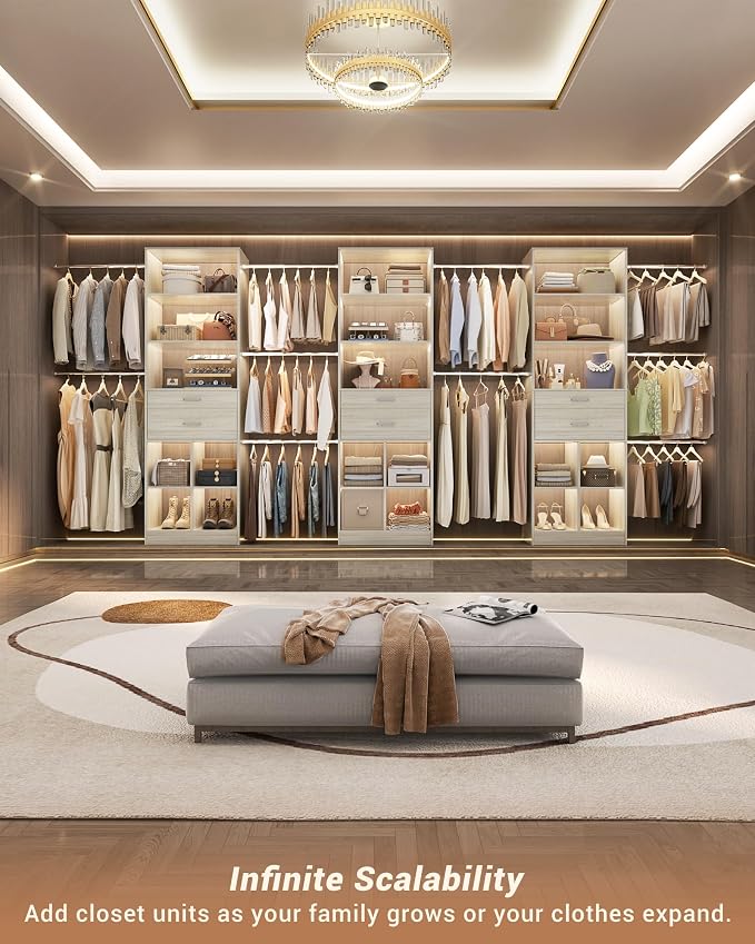 Besiost Small Closet System, 3.2-6.8FT Small Closet Organizer with 5 Hanging Rods, Can Fit 37.5 to 81.9 inch Walk-in Closet System, Built-in, Greige Oak, Enclosed Storage Volume 2.32 ft³