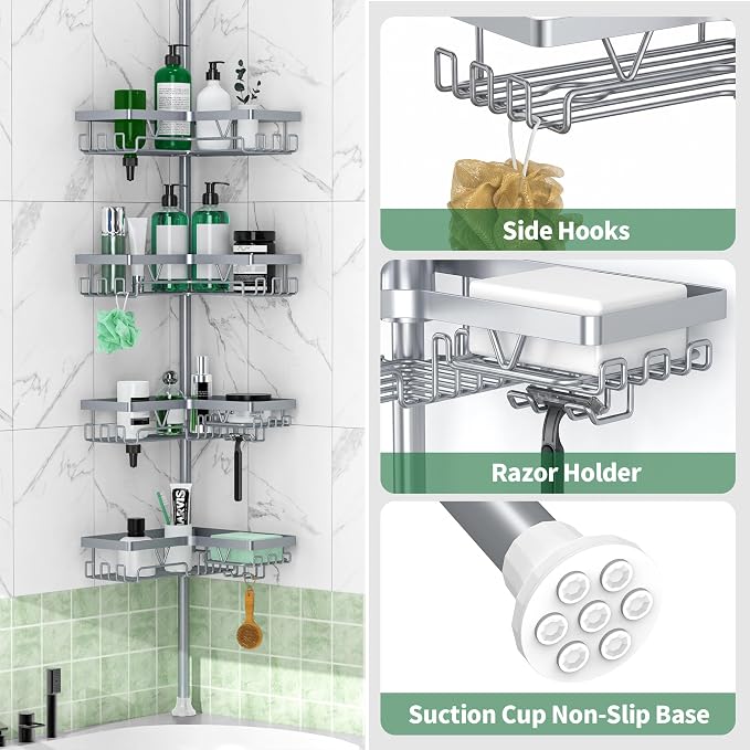 DAOYA Corner Shower Caddy Tension Pole, Light Gray | 4-Tier, Rustproof, Adjustable 25-114.2 Inch, Bathroom Organizer for Renters, Bathtub Shampoo Storage