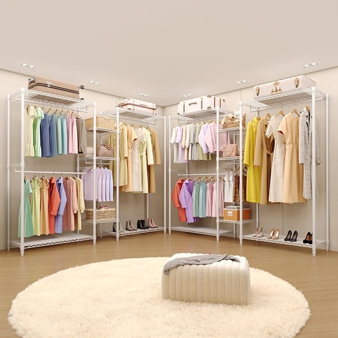 Heavy Duty Clothes Rack with Shelves, 71" H Freestanding Closet Organizer System, Large Capacity 3-Unit Metal Garment Rack L-shaped Combo for Hanging Clothes, Bedroom & Laundry Room, 85.4"L x 17.4"W