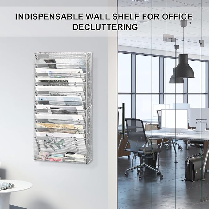 EasyPAG Wall File Holder 10 Tier Mesh Hanging Folder Organizer with Flat Tray Wall Mounted Mail Organizer Magazine Paper Desk Shelf with Nametag Label for Office Home School, Silver