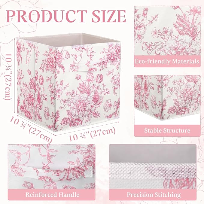 6 Pcs Pink Floral Cube Storage Bins 11 Inch Pink Flower Storage Basket with Handle, Preppy Girls Organizer Basket, Collapsible Fabric Box for Classroom Bedrooms Office Home Decoration Gift
