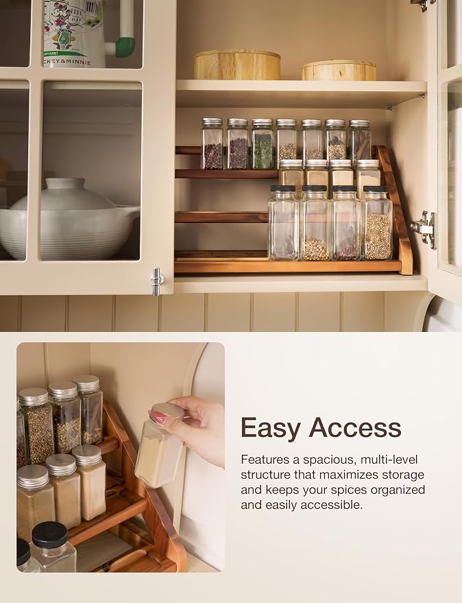 Tinamo Acacia Wood Spice Rack for Countertop - Wooden Tray Holds 24 Jars Spice Racks Organizer for Storage Shelf - 3 Tiered Spice Rack Organizer for Cabinet - Spice Shelf for Kitchen Pantry (Acacia) | Acacia Wood, 3-tier Spacious Design for 24 Spice Ja...