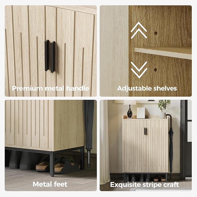 Shoe Cabinet with Metal Legs, Farmhouse Large 5-Tier Shoe Storage Cabinet with Doors, Wooden Shoe Organizer for Entryway, Hallway (2 Door Shoe Cabinet, Oak-Modern)
