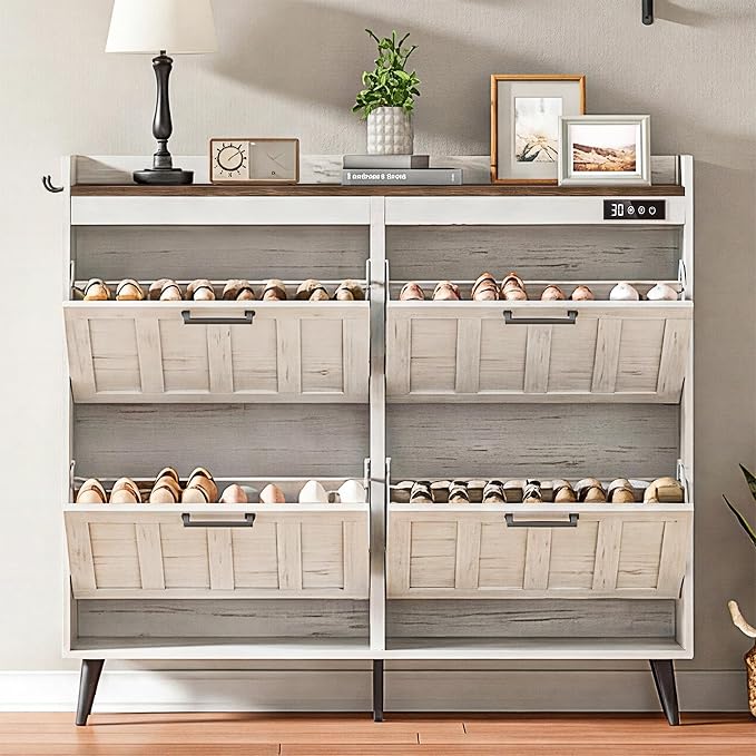 ChooChoo Shoe Storage Cabinet with 4 Flip Drawers and Deodorizer | Shoe Organizer Storage for Entryway, Freestanding Hidden Slim Narrow Shoe Rack Cabinet, Antique White & Brown