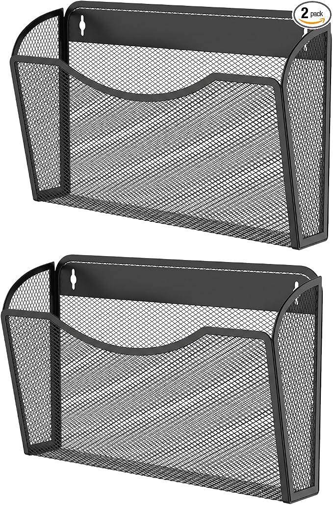 MINDEPOT Wall File Organizer, Hanging Wall File Holder, 2 Pack, Black | Heavy Duty Iron, Metal Mesh Wall Mount, Single Pocket, Mail Organizer, for Office School Classroom Home, Letter A4 Size