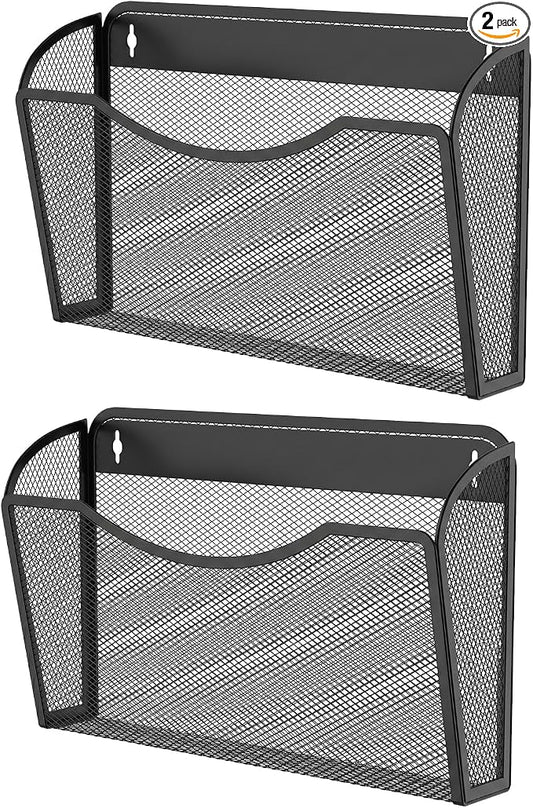 MINDEPOT Wall File Organizer, Hanging Wall File Holder, 2 Pack, Black | Heavy Duty Iron, Metal Mesh Wall Mount, Single Pocket, Mail Organizer, for Office School Classroom Home, Letter A4 Size