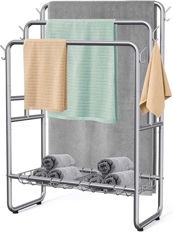 Kayfia 40'' Freestanding 3 Tier Metal Towel Rack, 2 Baskets & 6 Hooks | Dual-Use Drying & Display Rack, Holds Oversized Bath Towels & Blankets, fits Indoor, Bathroom, Bedroom & Outdoor, Silver