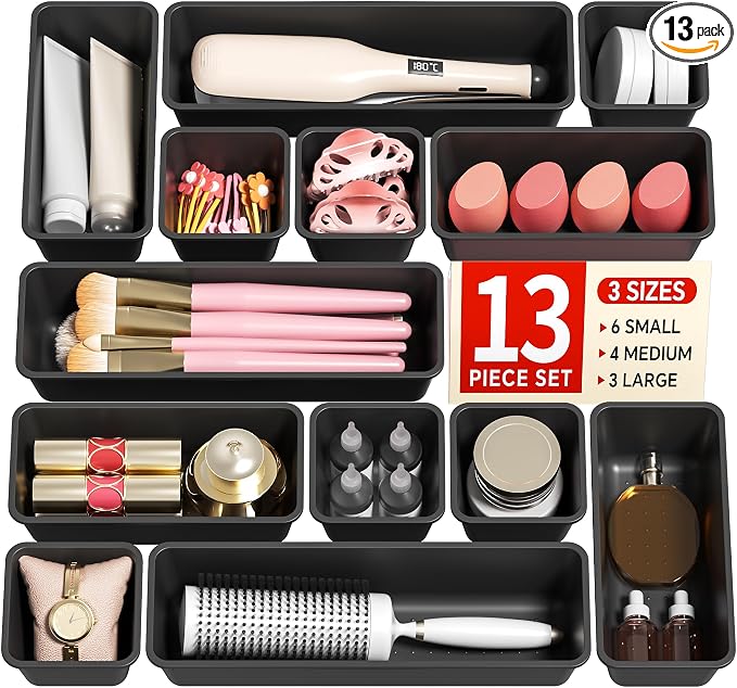 Canfanni 13 Pack Plastic Drawer Organizers Set, 3 Sizes Desk Drawer Organizer Trays for Vanity and Makeup Organizer, Organization and Storage for Makeup, Kitchen Utensils, Bathroom and Office(Black)