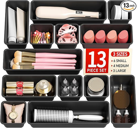 Canfanni 13 Pack Plastic Drawer Organizers Set, 3 Sizes Desk Drawer Organizer Trays for Vanity and Makeup Organizer, Organization and Storage for Makeup, Kitchen Utensils, Bathroom and Office(Black)