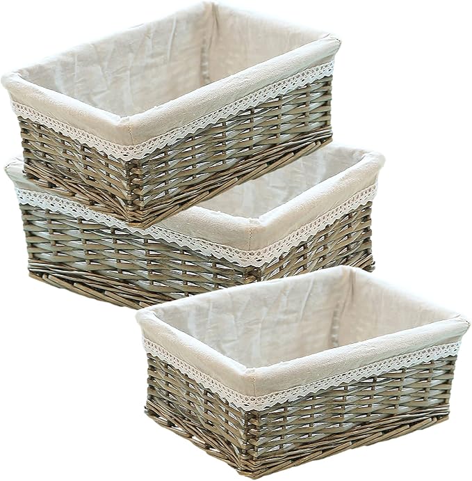 rismart Handmade Wicker Storage Baskets Woven Decorative Organizing Bins for Bedroom Bathroom Shelf Grey