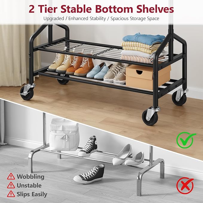 Clothing Rack with 2 Shelves, Metal Heavy Duty Load 350 LBS, Black | Adjustable Clothes Rack, Extendable Garment Rack for Hanging Clothes, Rolling Rack for Bedroom, Laundry Room, Clothes Store
