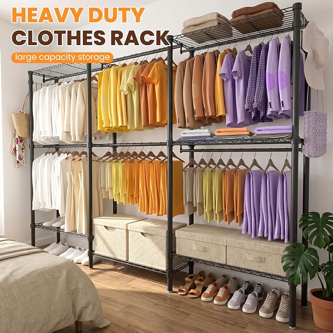 Heavy Duty Clothes Rack, Portable Closets with 6 Rods & 6 Shelves | Extra Large Clothing Rack for Hanging Clothes, Adjustable Metal Garment Rack 76.4"W x 15.7"D x 68.5"H, Hold 792 lbs, Black