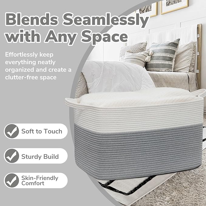 Goodpick Large Woven Blanket Basket, Rectangle Cotton Rope, White Gray | 85L, 23.6 x 15.7 x 13.8 in, Reinforced Handles, Living Room, Bedroom & Nursery Organization, Blankets & Pillows Storage