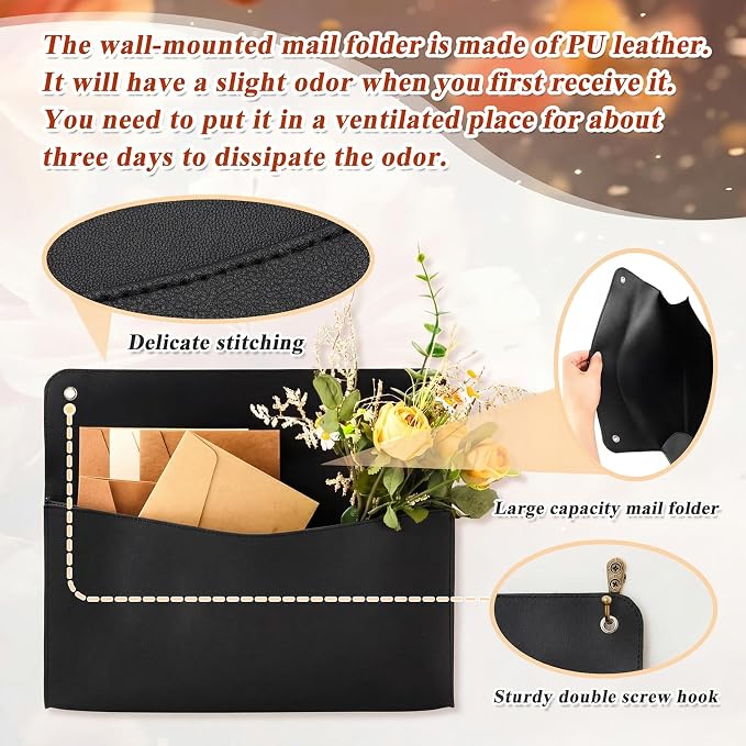 2 Set PU Leather Mail Holder Wall Mount 12.2x10.24 Inch Leather Letter Holder 2 Ring Binder Hanging Wall File Organizer Mail Sorter for Decor Storage Letter Postcard Flower Home Office(Black)
