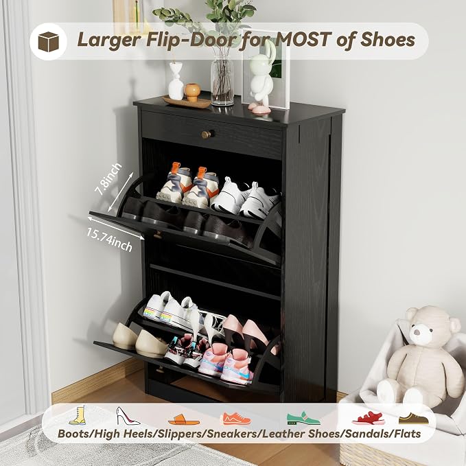 Shoe Storage Cabinet with 2 Flip Drawers, Shoe Cabinet Organizer, Black | Freestanding Hidden Shoe Rack Cabinet with Door, Pet-Proof Shoe Cabinet Storage for Entryway Living Room Behind The Door