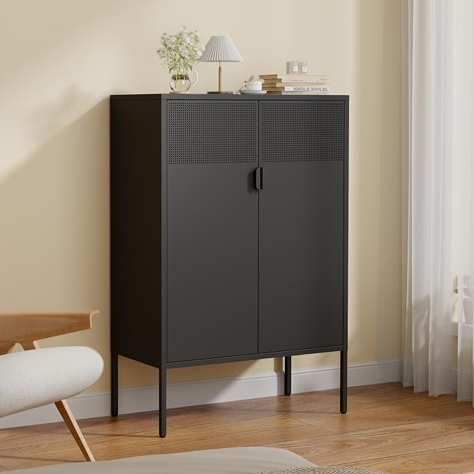 3-Tier Metal Storage Cabinet with 2 Adjustable Shelves & Mesh Doors | Metal Locker Accent Cabinet with Legs, Black Storage Cabinets, Metal TV Stand Cabinet for Home Office, Entryway & Hallway
