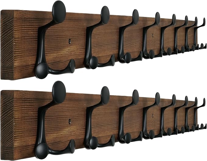 WEBI Coat Rack Wall Mount,43" Solid Wood Coat Hooks Wall Mounted Coat Hanger,16" Hole to Hole,Heavy Duty Hook Rack,8 Triple Hooks for Hanging Coats,Jacket,Hat,Backpack,Farmhouse,Brown,2 Packs