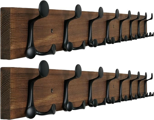 WEBI Coat Rack Wall Mount,43" Solid Wood Coat Hooks Wall Mounted Coat Hanger,16" Hole to Hole,Heavy Duty Hook Rack,8 Triple Hooks for Hanging Coats,Jacket,Hat,Backpack,Farmhouse,Brown,2 Packs