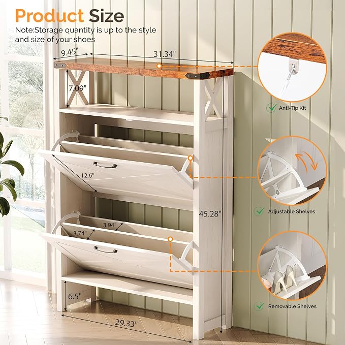 VINGLI Farmhouse Shoe Cabinet with 2 Flip Drawers, Slim Entryway Shoe Storage Organizer with Open Shelf, Freestanding Wood Shoe Rack for Hallway, Rustic White & Brown (31.5" W)