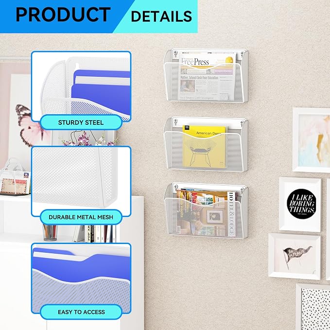 3 Single Pocket Wall File Holder, Mesh Hanging File Folder Paper Organizer, Vertical Wall Mounted Mail Basket, Storage Organization Magazine Rack for Office, Home and School, White