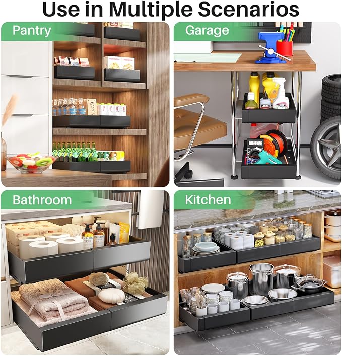 Pull out Cabinet Organizer, Expandable(12"-20") Heavy Duty Slide out Drawer Fixed with Adhesive Nano Film for Pots, Roll out Shelf Storage for Kitchen Base Cabinet Organization, Pantry, Bathroom