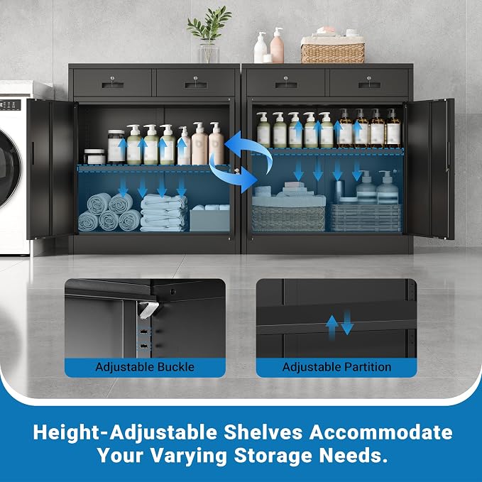Metal Storage Cabinet, 36" Locking Cabinet with Adjustable Shelves for Garage, Office (Black, 2 Drawers)