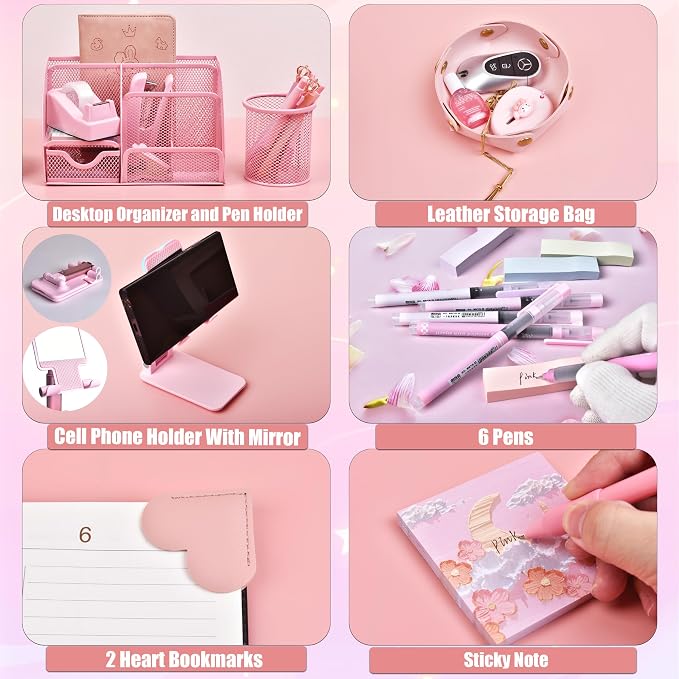 Pink Desk Accessories, 24Pcs Pink Office Supplies and Desk Organizers, with Tape Dispenser, Stapler, Staple Remover, Ect, Gift Box Packaging