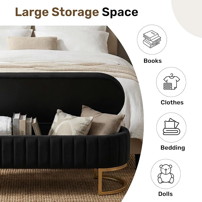 65" Velvet Storage Ottoman Bench End of Bed for Bedroom Entryway Black