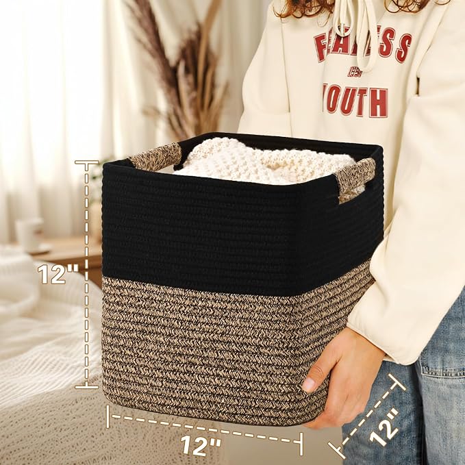 12 Inch Storage Cubes, 3 Pack Cube Storage Bins for Organizing, Cotton Rope Woven Baskets for Shelves, Bathroom, Kids Room, Closets, Baby Nursery