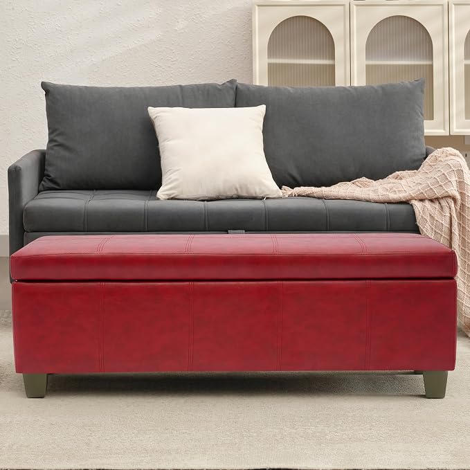 51 Inch Storage Ottoman, Storage Bench with Safety Hinge, Upholstered Synthetic Leather Ottoman Bench for Bedroom, Living Room, Entryway, Hallway, Foot Rest, Support 500lbs