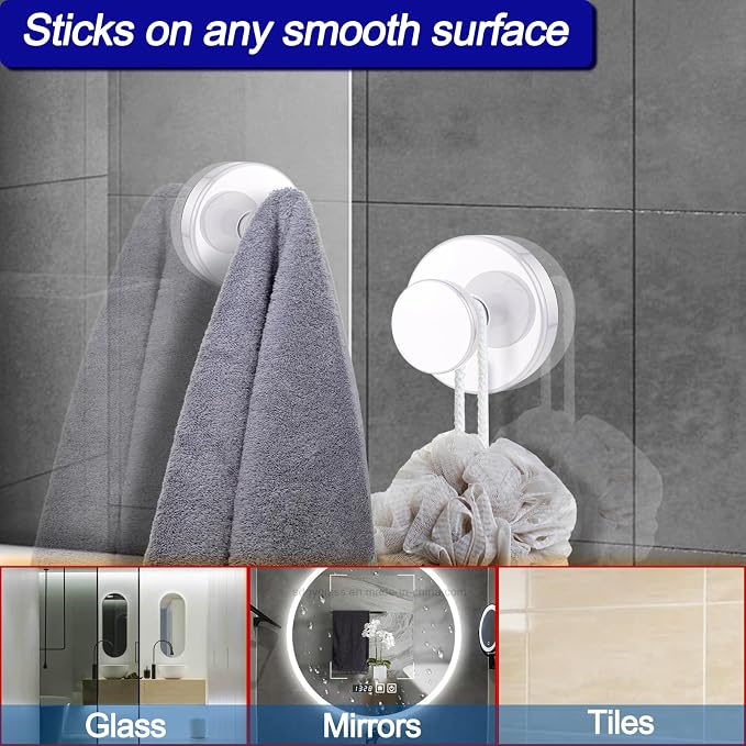 Bntuk Suction Cup Hooks for Shower, Removable Towel Hooks for Bathroom Window Glass Door Wall, Bath Robe Looafh Hook for Hanging - 2 Pack, White