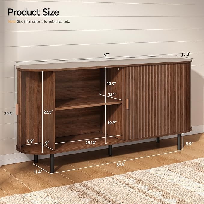 63" Sideboard Buffet Cabinet with Storage, Storage Cabinet with Sliding Door & Adjustable Shelf, Modern Accent Coffee Bar Console Table for Kitchen, Entryway, Walnut