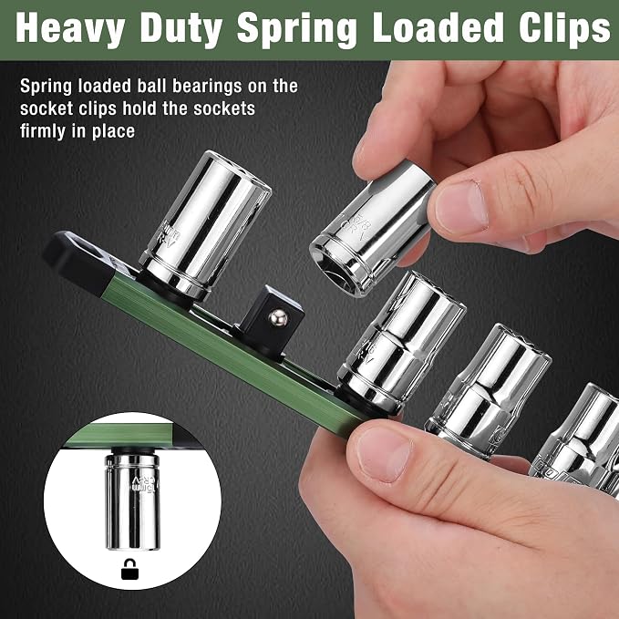 WORKPRO Magnetic Socket Organizer, Heavy Duty 1/2-Inch Drive Socket Rail | 1 Piece Socket Holder with 10 Spots, Aluminum Alloy, Rotatable & Movable Clips, Efficient Organization