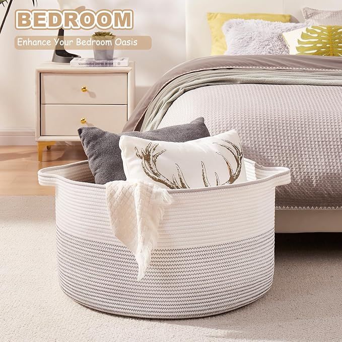 OIASKET Large Blanket Basket with Handles, 22.8" x 22.8" x 13" Woven Storage Basket for Living Room, Cotton Rope Baby Toy Storage for Clothes, Pillows, Towels-Black and White