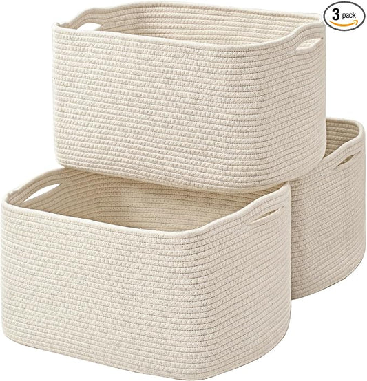 ICERZCZ Large Storage Baskets for Organizing Shelves, Woven Cotton Rope Bins for Baby Nursery Organization, Book Toy Towel Organizer, 17"x13"x9.5", 3 Packs, Off White